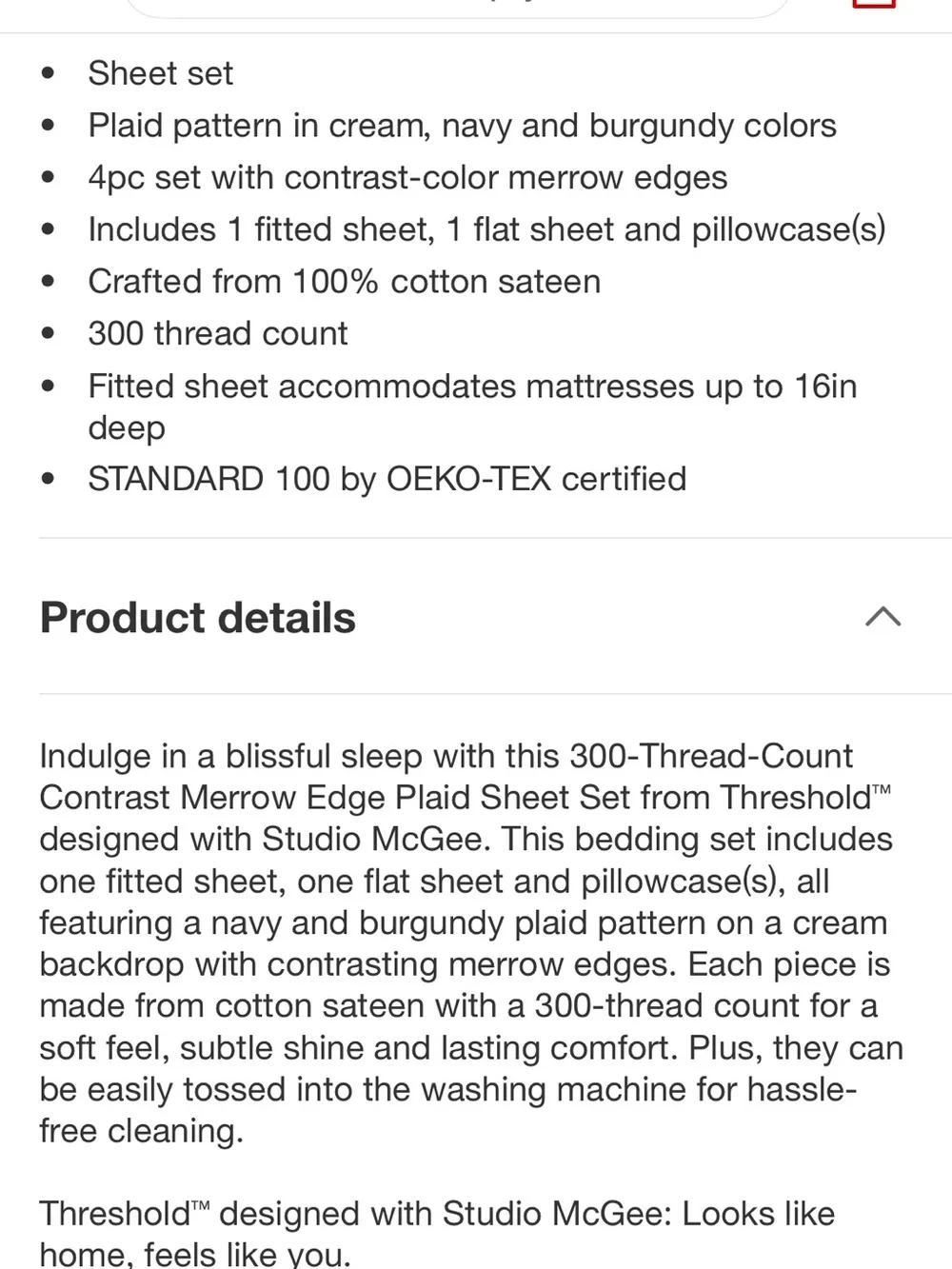 Studio McGee Queen 300 Thread Count Contrast Merrow Edge Plaid Sheet Set with